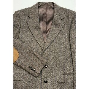 VTG Stafford Hampshire Brown Herringbone Wool Tweed Leather Elbow Patches 38/39R